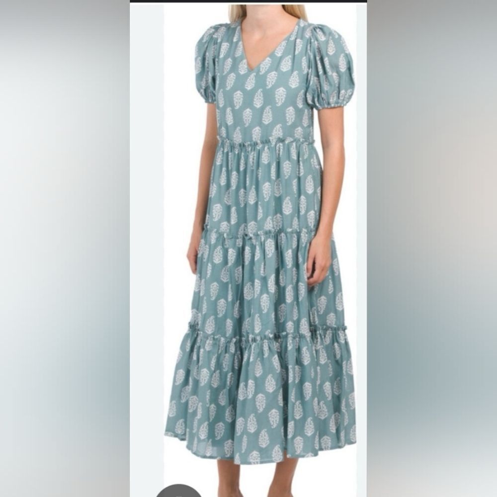 Lucky brand short puff sleeve V neck Tiered Tie Back maxi dress size M - Picture 5 of 10